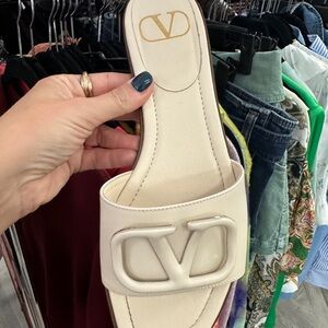 Valentino Cream Leather Sandals with Iconic V Logo